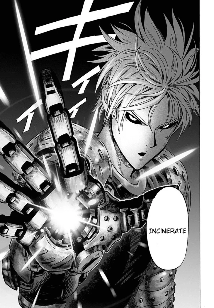 Cut to the scene, Genos' palm glows, preparing for an attack.