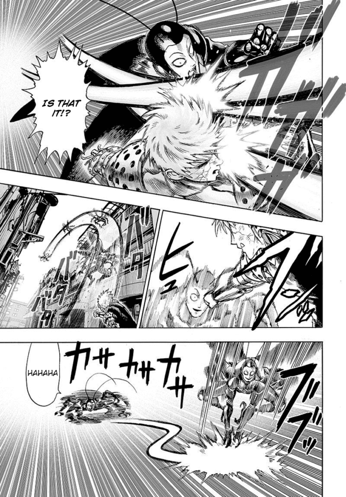 The monster hits Genos, but Genos can not hit him due to its agility.