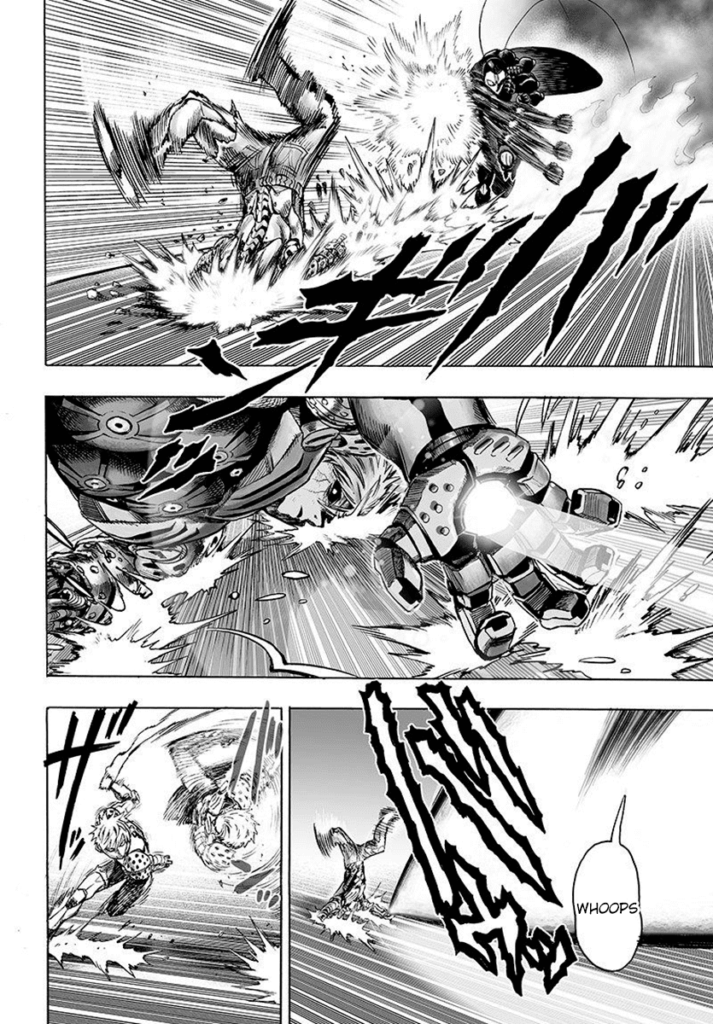 Genos rolls over the ground and makes a counterattack by blasting his energy wave.