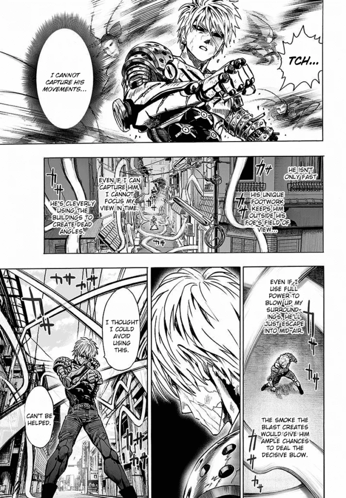 Genos analyzes the monster's quick movements and decides to use his secret weapon.