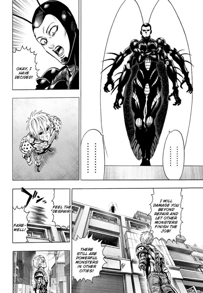 The cockroach monster decides to finish off Genos, who is now standing in the middle of the street.