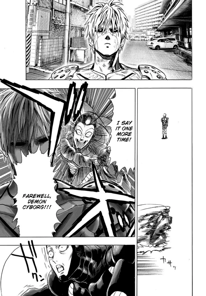 Genos looks up while the cockroach monster moves behind Genos and starts attacking.