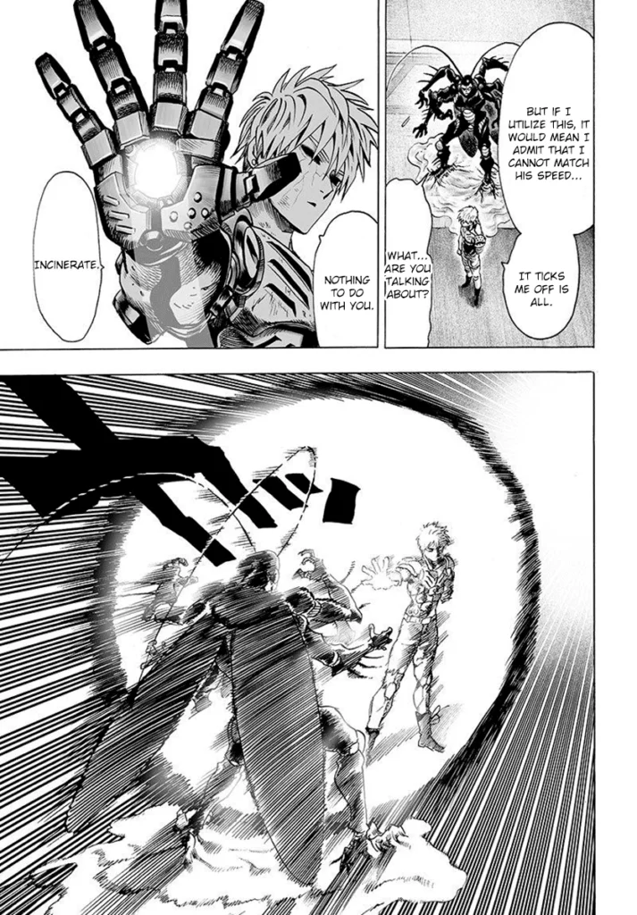 Genos blasts and incinerates the cockroach monster while getting stuck on its feet.