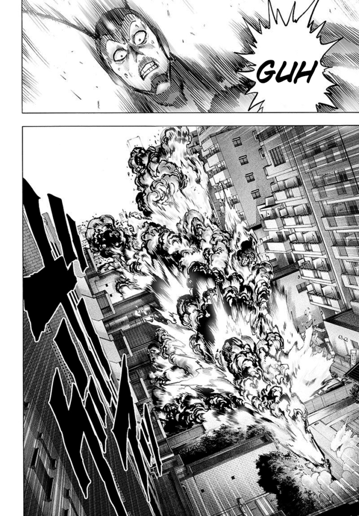 Genos' blast created a huge fireburning building and everything.