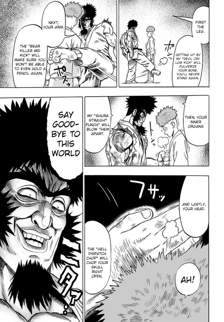 Bakuzan demonstrates where he's gonna hit Saitama (Charanko) while smiling.