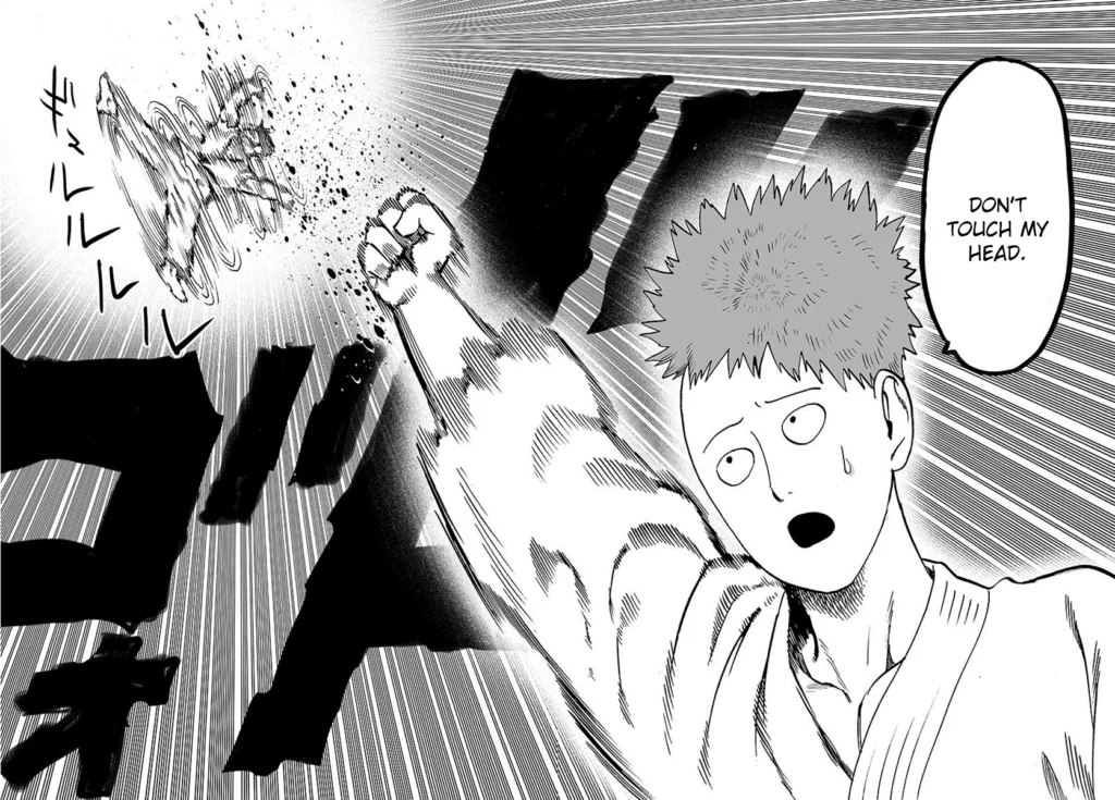 Bakuzan suddenly flips as he flies away after Saitama (Charanko) hits him with an uppercut.