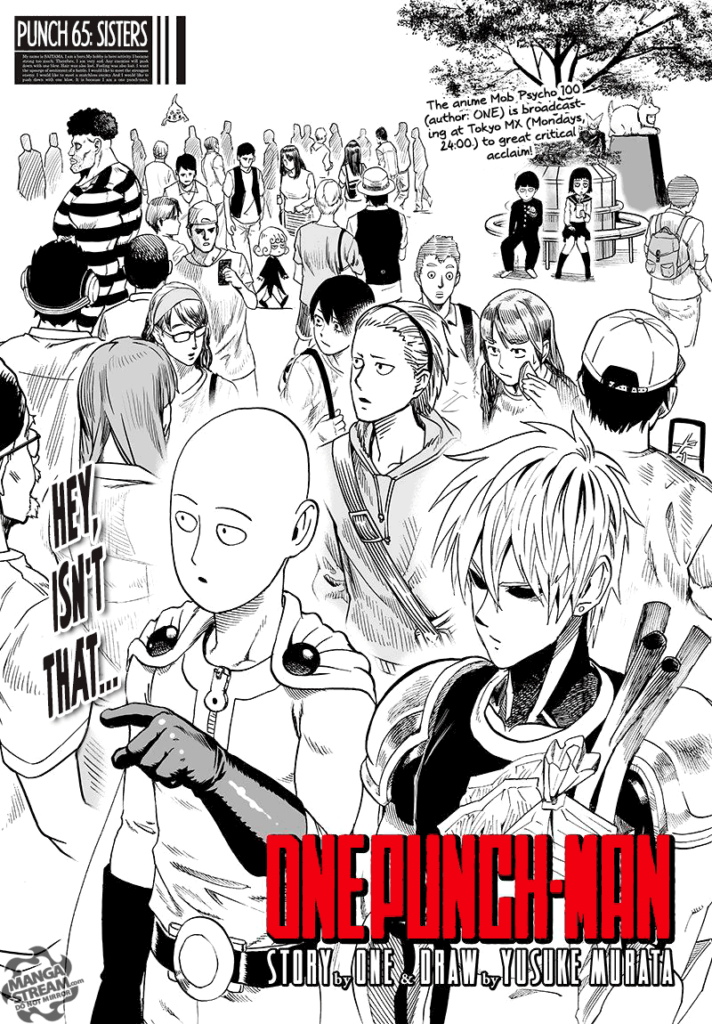 Saitama and Genos walk amidst the crowded street.