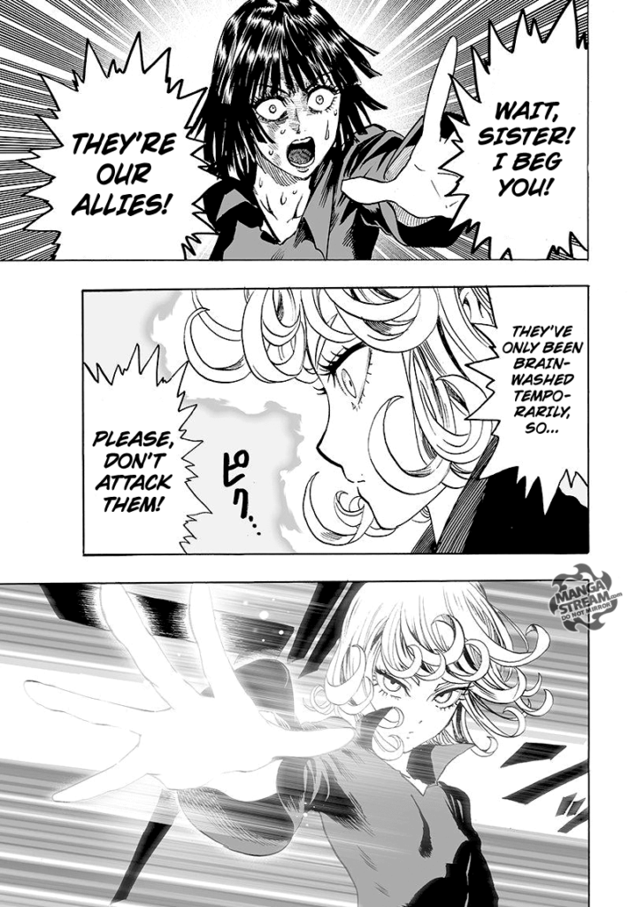 Fubuki pleads with Tatsumaki not to attack the brainwashed army, but Tatsumaki releases her powers.