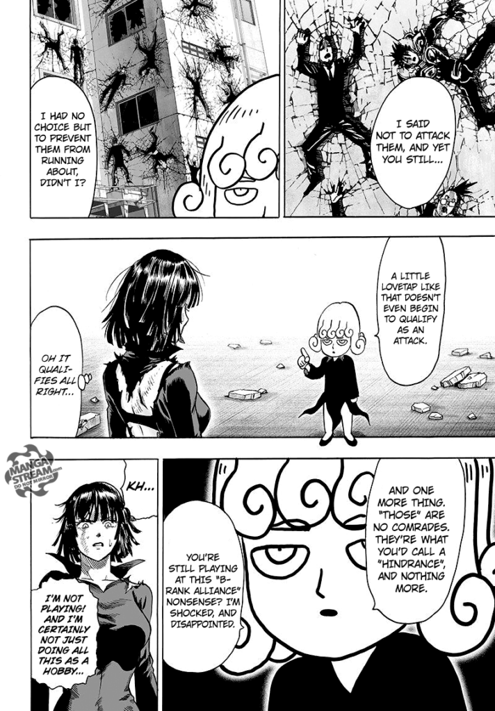 The brainwashed army gets thrown on the building walls while Tatsumaki reprimands Fubuki.