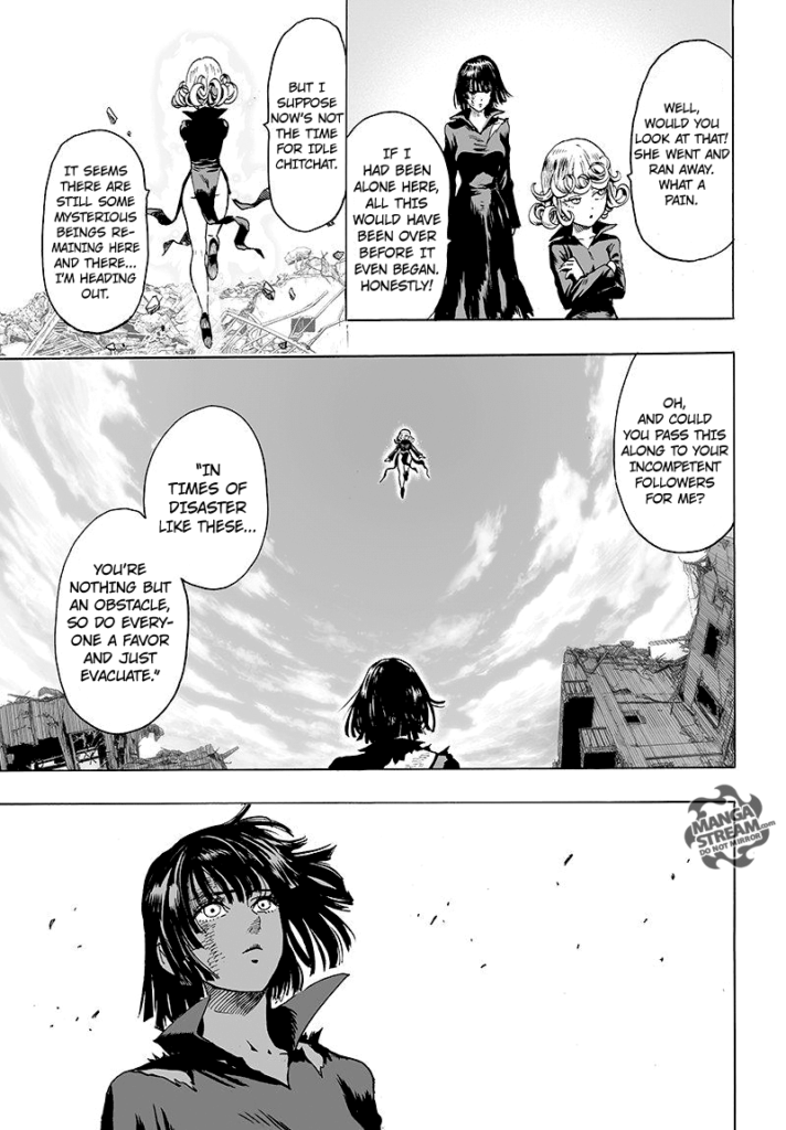 Tatsumaki starts flying away, leaving Fubuki after realizing Monster Princess Do-S has escaped.