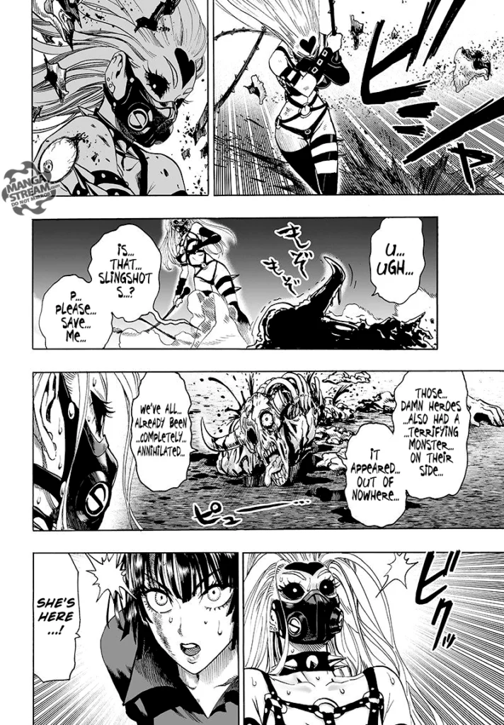 A decimated monster lands in front of Monster Princess Do-S, and both she and Fubuki are surprised.