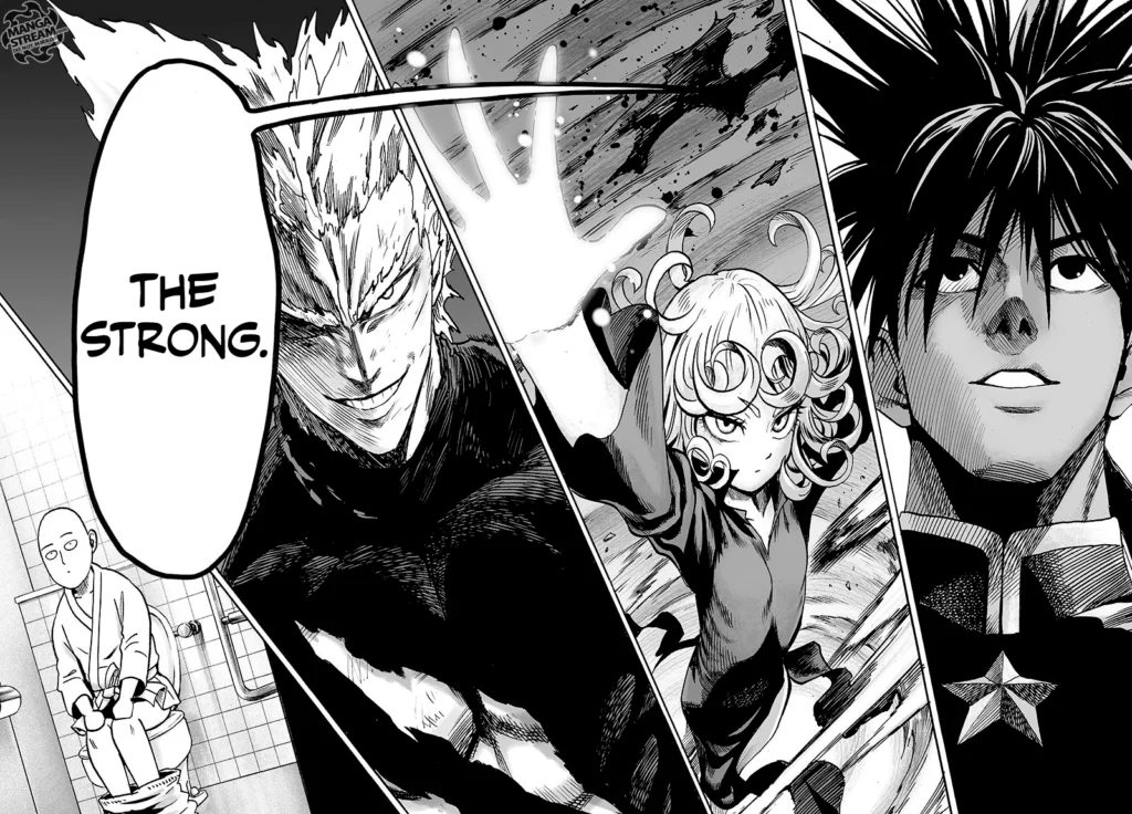 The strong ones: Saitama, Garo, Tatsumaki, and Suiryu.