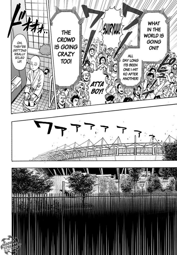 The crowds are getting wild after that incredible kick while Saitama is seen pooping in the toilet.