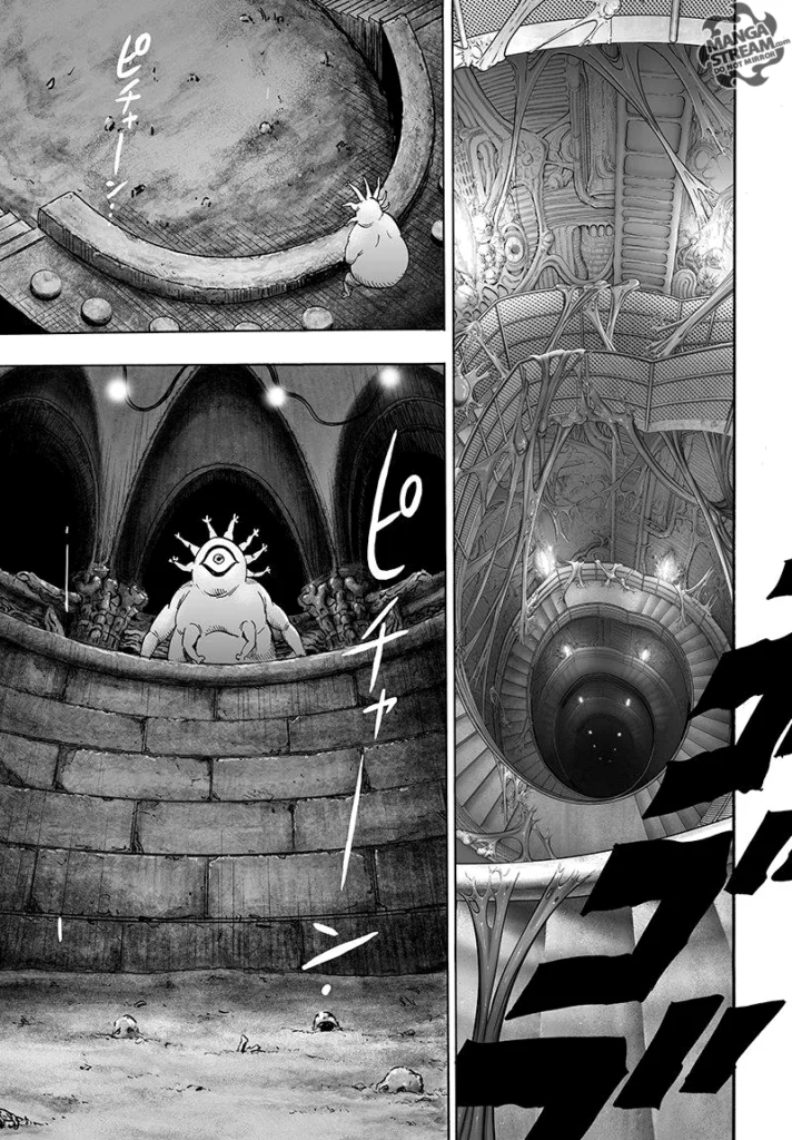 Cut to the scene, a huge spiraling staircase going underground leads to the base of a monster.