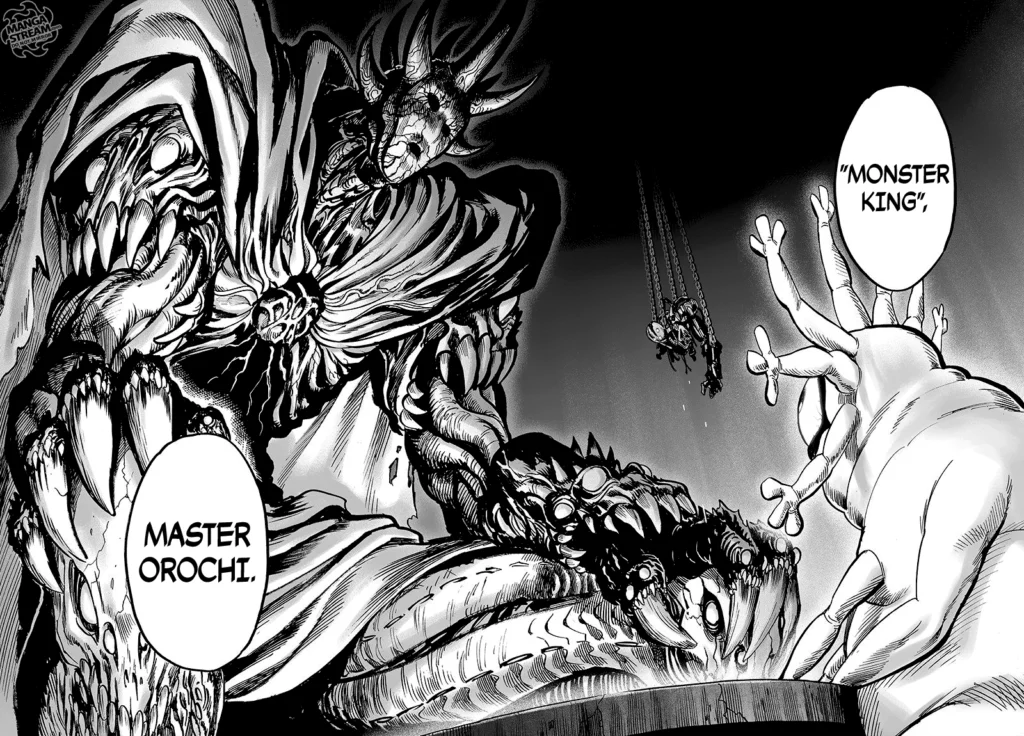 The huge monster that Gyoro-Gyoro is talking to is now in full view, and his name is Monster King Orochi.