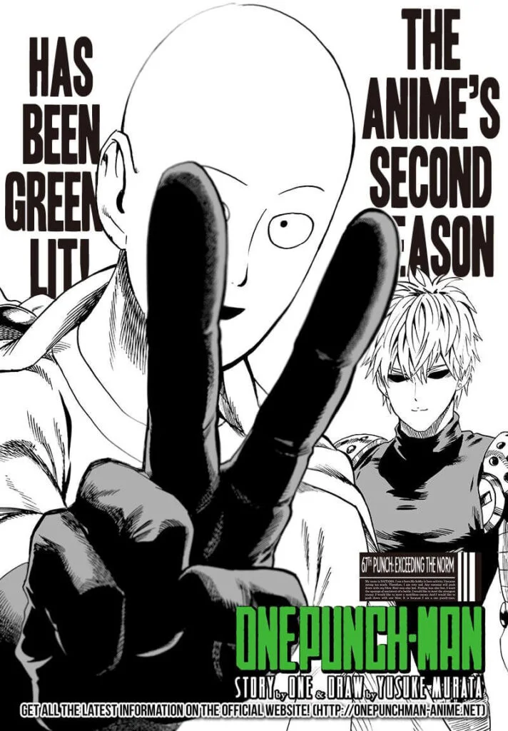 Saitama is doing the V sign on his fingers, and Genos is standing behind him.