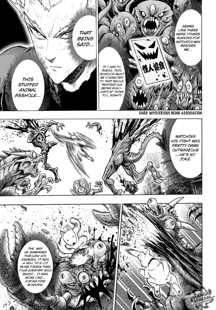 Garou sees how Watchdog Man brutally defeats the horde of monsters like they were nothing.