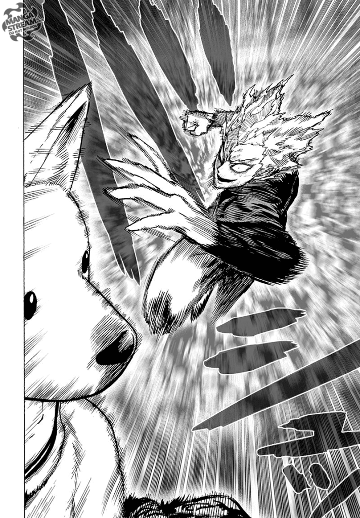 Garou jumps and attacks Watchdog Man with a punch.