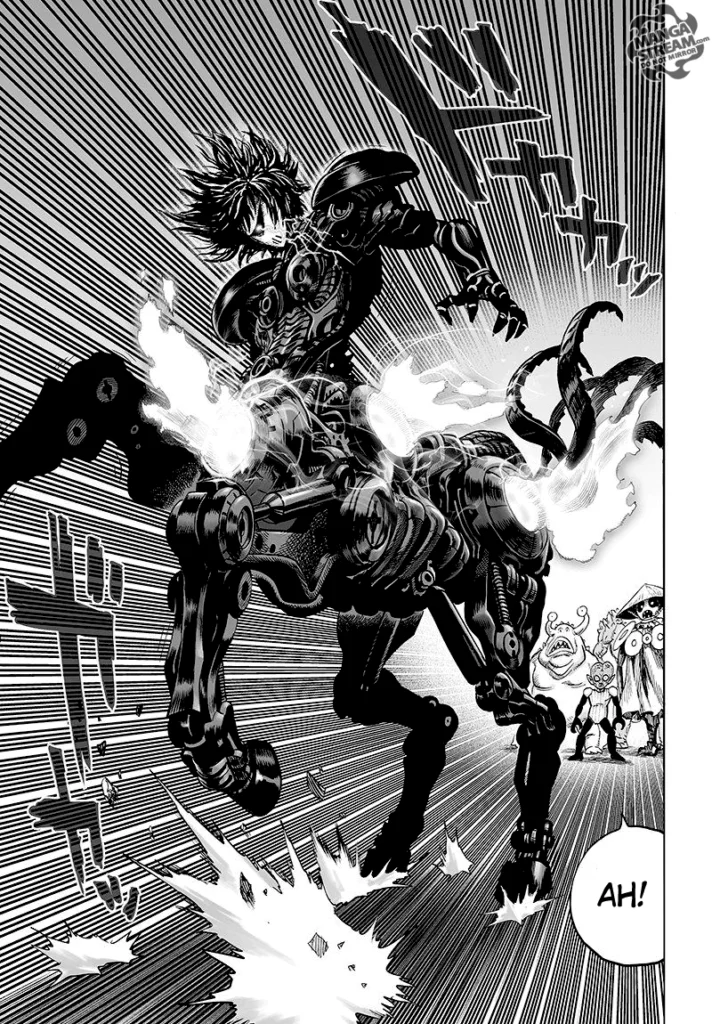 The horse is the robotic S-Class Hero Drive Knight, surprising the monsters behind them.