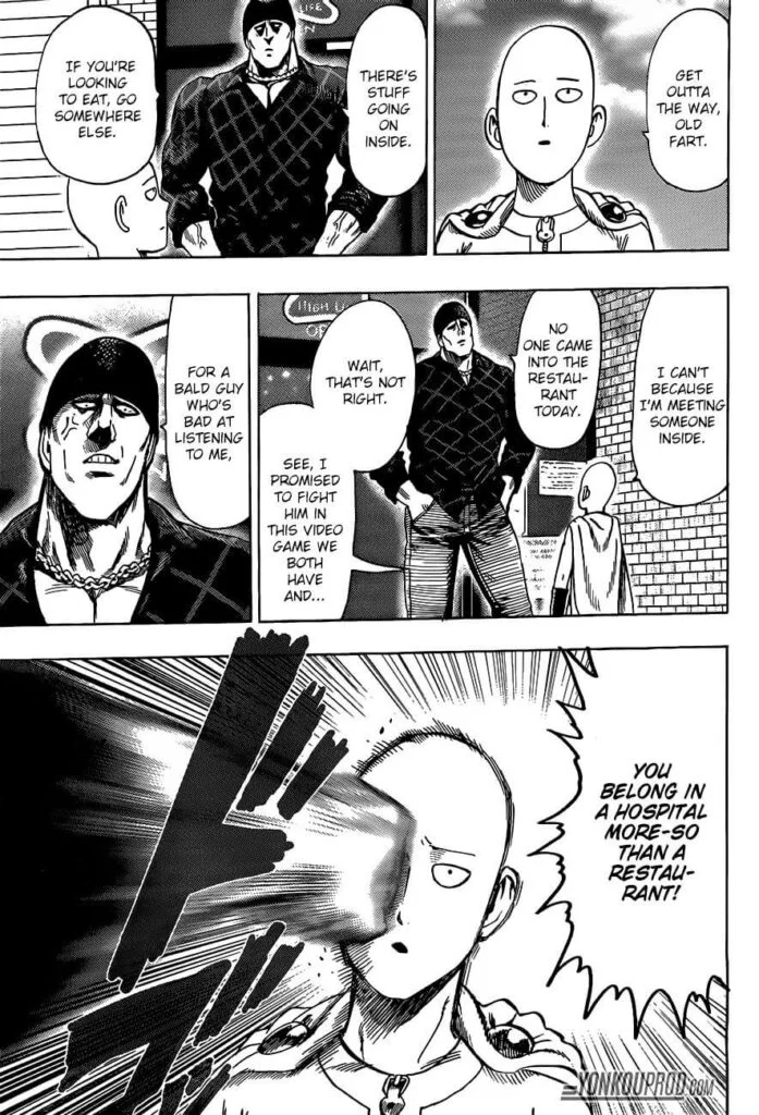 Saitama wants to go to the restaurant where he planned on meeting King, but one of the assassins punches him.