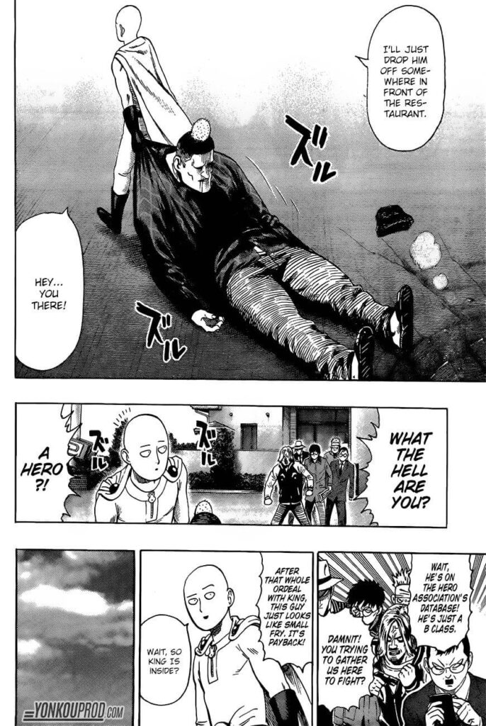 Saitama drags the guy who punched him, and some of the assassins from the restaurant appear and plan to attack him.