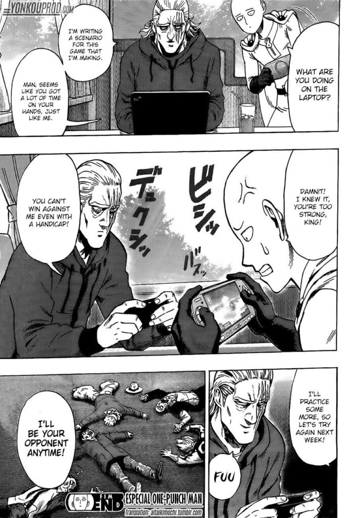 Saitama and King play a video game, but Saitama loses even if King's character is handicapped.