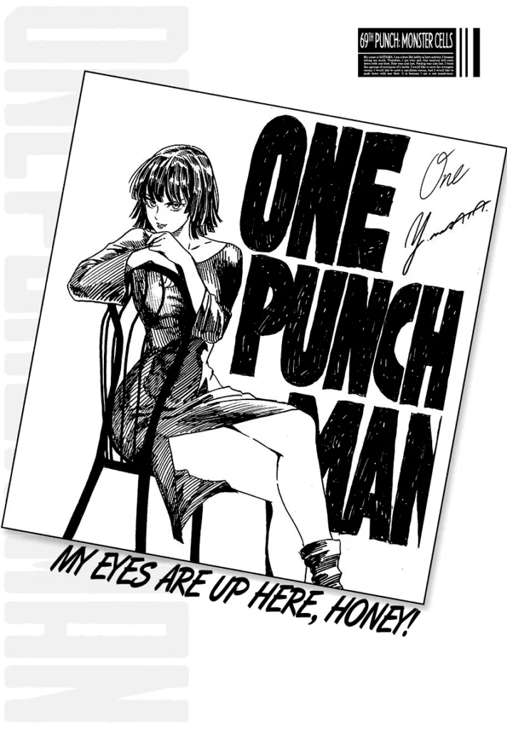 Fubuki is sitting on a chair with a huge, bold text of One Punch Man behind her.