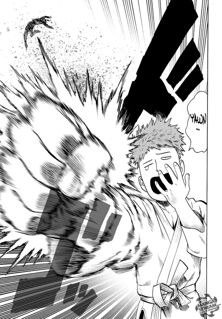 Saitama (Charanko) yawns while punching Choze, which suddenly sends him flying.