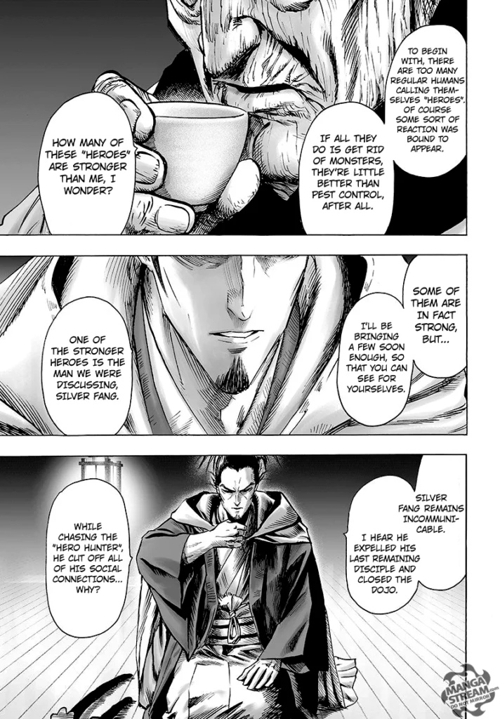 An old man and Atomic Samurai drink sake while talking about other heroes' strengths.