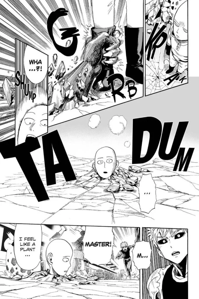 A hand grabs Saitama from the ground pulling him downward and burying him neck deep.