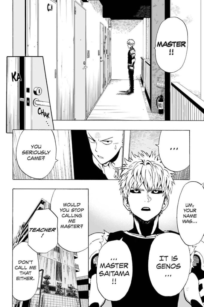 Genos visiting Saitama's apartment.