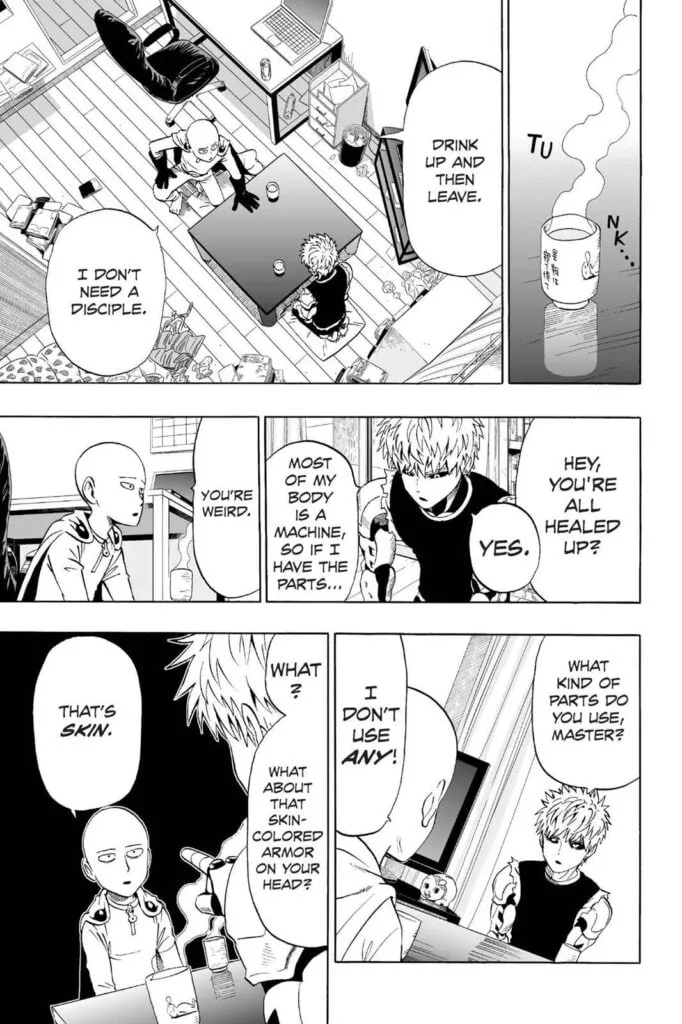 Genos talks with Saitama inside his apartment.