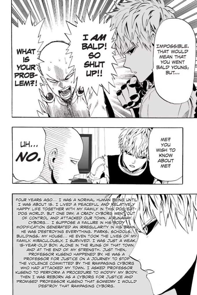 Genos talks about himself even after Saitama says he's not interested.