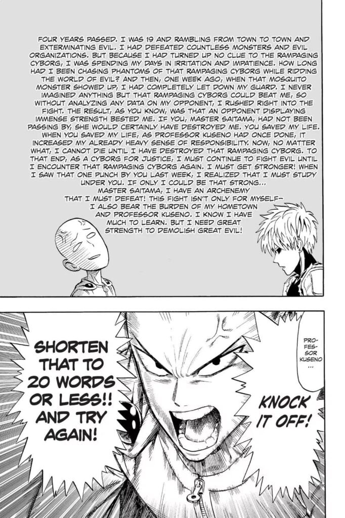 Genos continued his story but Saitama interrupts him because it's too long.