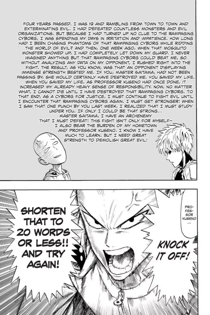 Genos continued his story but Saitama interrupts him because it's too long.