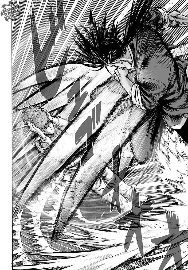 Suiryu's flurry of kicks creates wind, while Saitama (Charanko) just holds his wig as he stands.