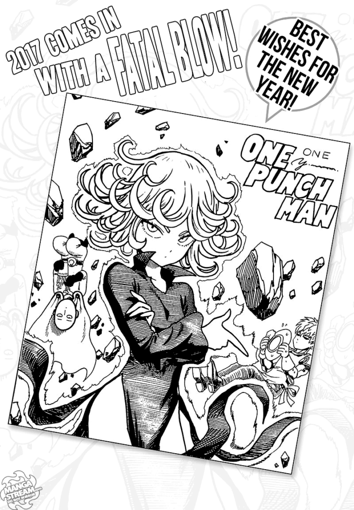 New Year greeting with Tatsumaki on the using her psychic powers to float rock around her, including Genos and Saitama.