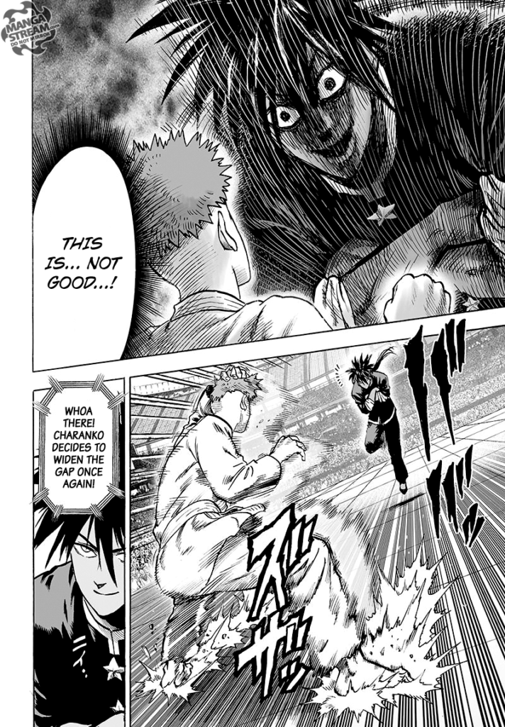 Saitama (Charanko) cancels his punch and retreats to a safe distance against Suiryu.