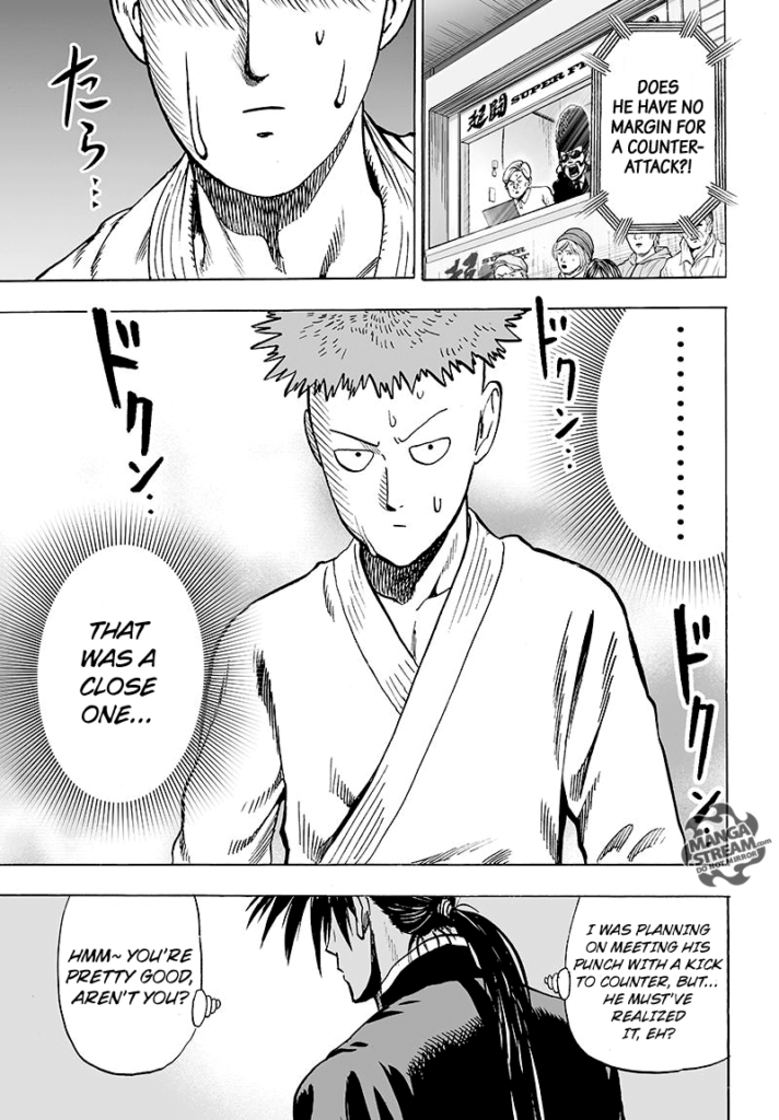 Saitama (Charanko) is now sweating after realizing Suiryu would meet his punch with a kick.