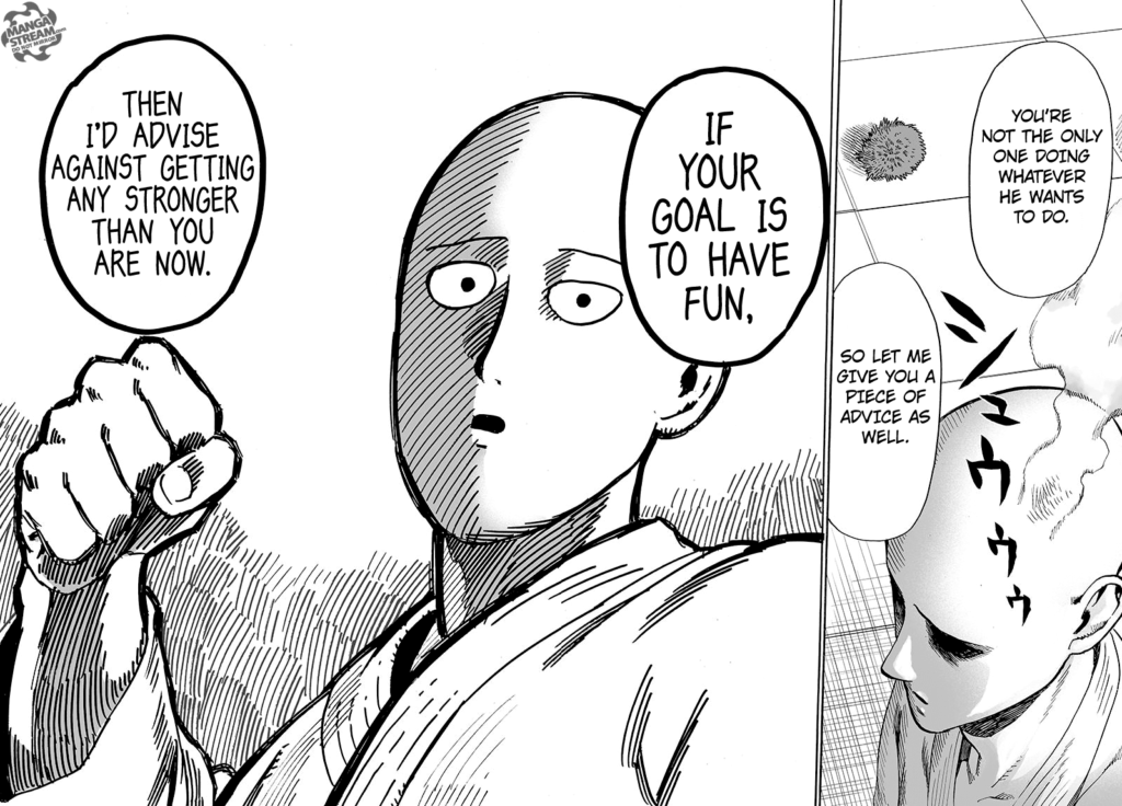 Saitama prepares a punch while advising Suiryu not to become stronger if his goal is to have fun.