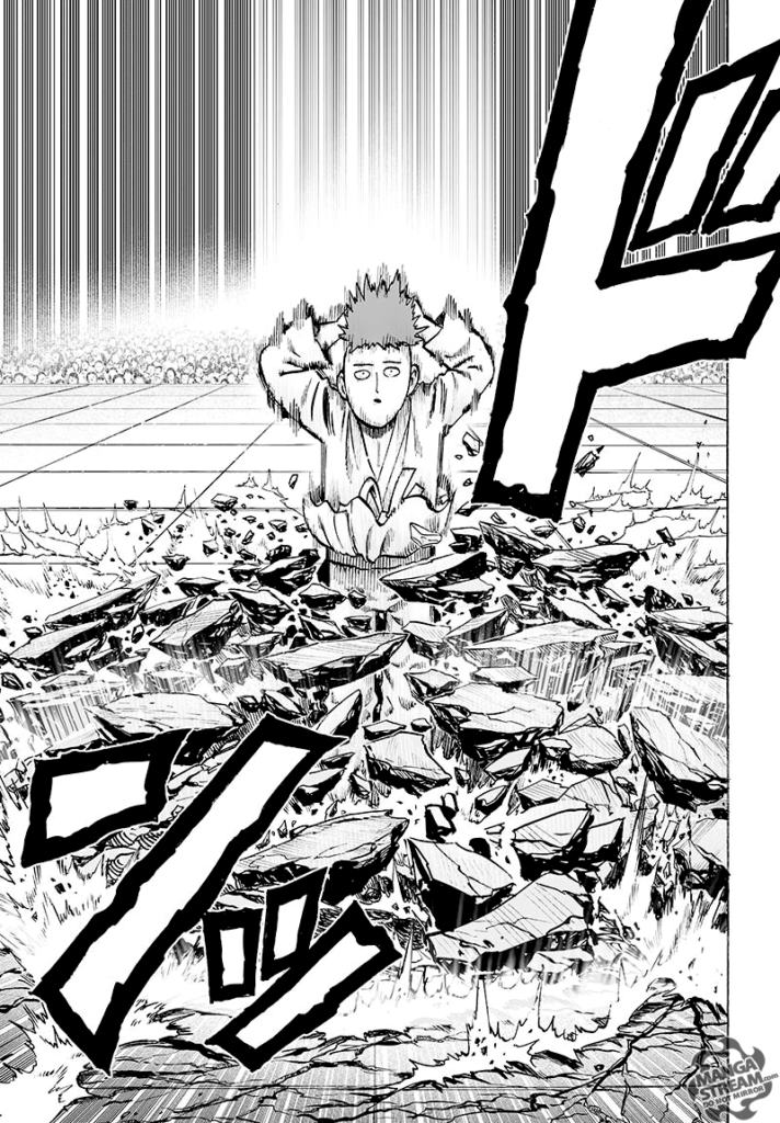 Saitama (Charanko) lands on his feet but destroys the stage, turning them into rubble.