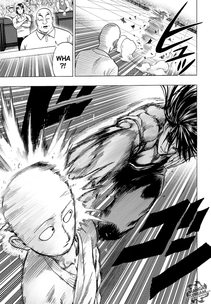 Suiryu suddenly disappears and lands a punch on Saitama's face while the referees look clueless.