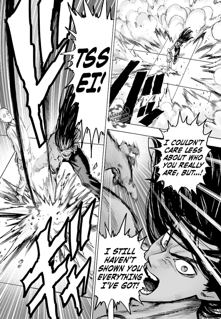 Dusts around Saitama get blown away after that punch as Suiryu wants to show everything he's got. Saitama dodges.