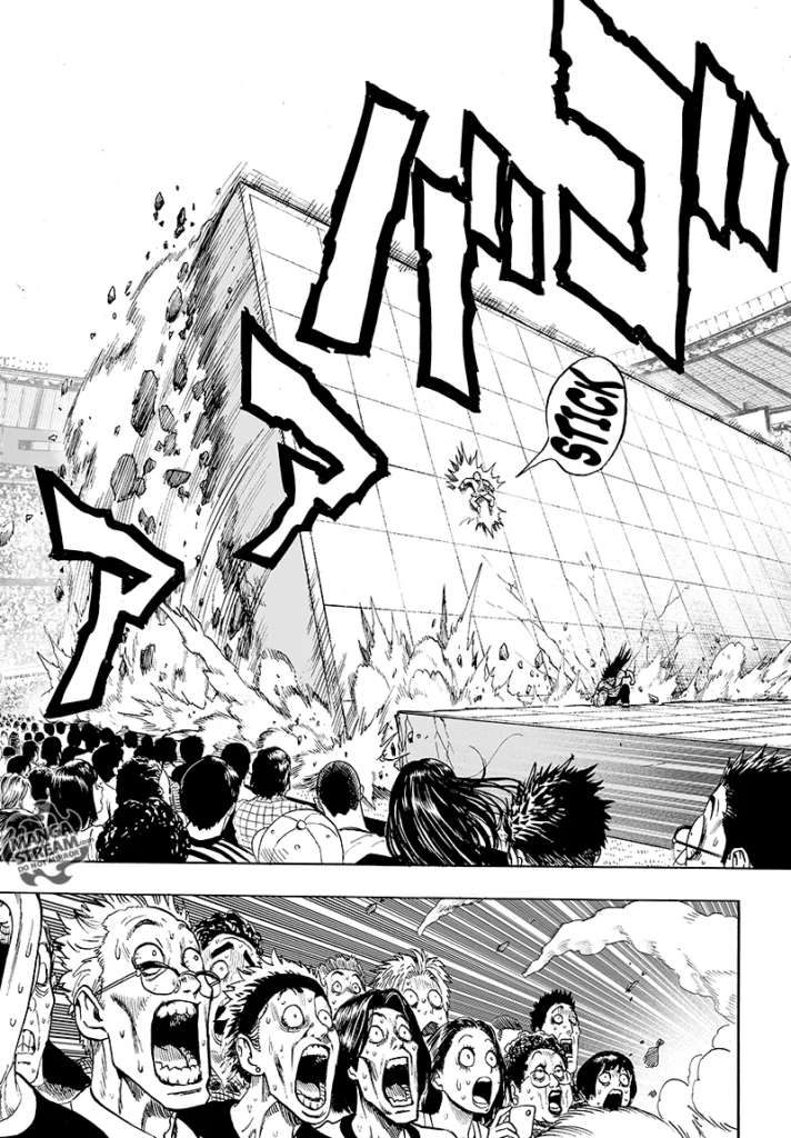 The area where Saitama stands flips, and he slides towards Suiryu. The audience is not super surprised with mouths open.