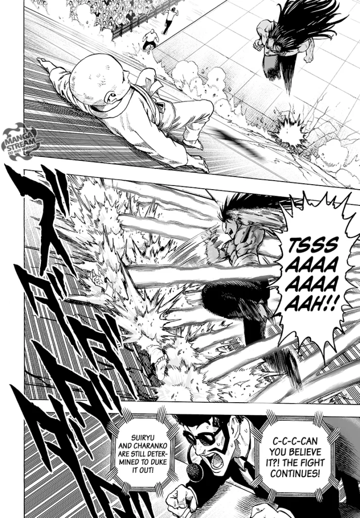 Suiryu jumps and ferociously attacks Saitama, who is clinging to the wall. The announcer continues to comment.