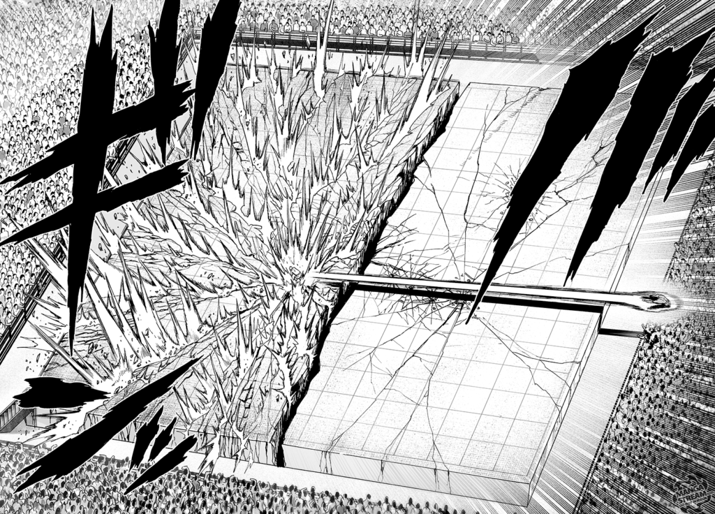 The arena where Saitama lands gets shattered into small pieces while Suiryu is seen blown away.