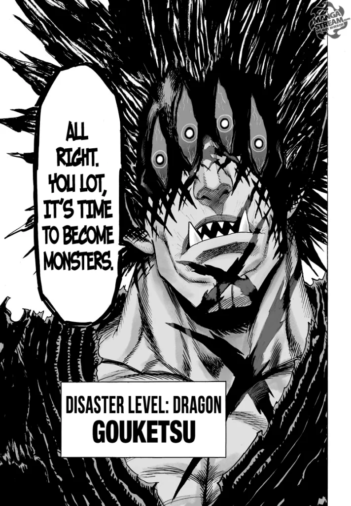 The new monster is Gouketsu, a Disaster Level: Dragon threat, and he tells everyone it's time to become a monster.