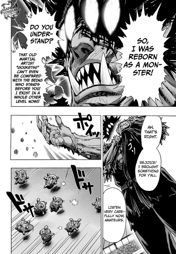 Monster Gouketsu says he is reborn and far stronger than before while throwing something on the ground.