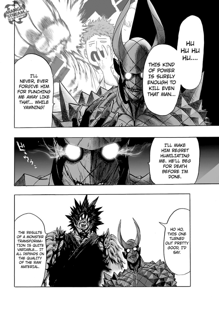 Monster Choze remembers Saitama and wants to defeat him next time while Gouketsu approaches to him from behind.