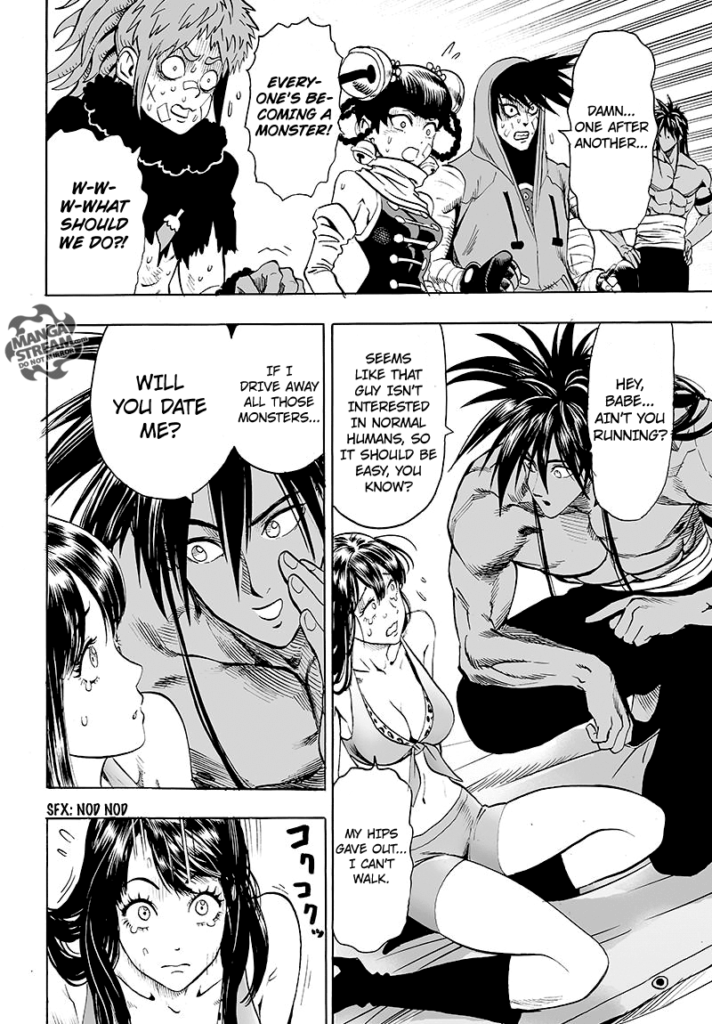 The other participants are afraid. Suiryu approaches a young, sexy lady and asks him for a date if he drives them away.